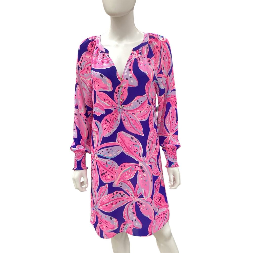 Lilly Pulitzer Dress Women’s SZ S V-Neck Long Sleeve Lightweight Pink &Deep Blue